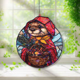 Otter in Red Hood Acrylic Suncatcher, Stained Glass Style Woodland Animal Window Hanging with Basket, Fairy Tale Inspired Home Decor