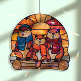 Cute Chipmunk Family Acrylic Suncatcher, Stained Glass Style Winter Window Hanging with Scarves, Sunset Animal Panel Home Decor Gift