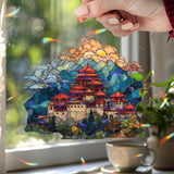 Asian Temple Acrylic Suncatcher, Stained Glass Style Mountain Pagoda Window Panel with Clouds and Sunset, Travel Inspired Home Decor