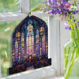 Cathedral Acrylic Suncatcher, Stained Glass Style Church Window Panel with Cross, Gothic Arched Design, Christian Religious Home Decor