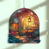 Garden Patio Acrylic Suncatcher, Stained Glass Style Arch Window Panel with Lantern, Chair, Table and Blooming Flowers Home Decor