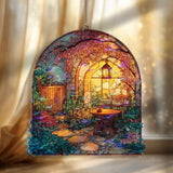 Garden Patio Acrylic Suncatcher, Stained Glass Style Arch Window Panel with Lantern, Chair, Table and Blooming Flowers Home Decor