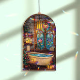 Cozy Bathroom Acrylic Suncatcher, Stained Glass Style Bathtub Window Hanging with Candles, Flowers and Arched Floral Window Panel