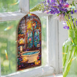 Cozy Bathroom Acrylic Suncatcher, Stained Glass Style Bathtub Window Hanging with Candles, Flowers and Arched Floral Window Panel