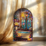 Cozy Bathroom Acrylic Suncatcher, Stained Glass Style Bathtub Window Hanging with Candles, Flowers and Arched Floral Window Panel