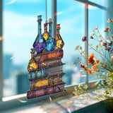 Alchemy Books and Potion Bottles Acrylic Suncatcher, Stained Glass Style Fantasy Window Hanging, Magical Witchy Home Décor Gift