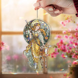 Goddess and Deer Acrylic Suncatcher, Stained Glass Style Art Nouveau Round Window Panel, Mythical Nature Hanging Home Decor Gift