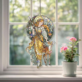 Goddess and Deer Acrylic Suncatcher, Stained Glass Style Art Nouveau Round Window Panel, Mythical Nature Hanging Home Decor Gift