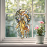 Goddess and Deer Acrylic Suncatcher, Stained Glass Style Art Nouveau Round Window Panel, Mythical Nature Hanging Home Decor Gift