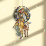 Goddess and Deer Acrylic Suncatcher, Stained Glass Style Art Nouveau Round Window Panel, Mythical Nature Hanging Home Decor Gift
