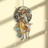 Goddess and Deer Acrylic Suncatcher, Stained Glass Style Art Nouveau Round Window Panel, Mythical Nature Hanging Home Decor Gift