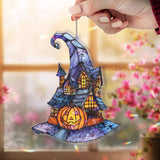 Halloween Haunted House Acrylic Suncatcher, Stained Glass Style Witch Hat with Pumpkin, Spooky Window Hanging Holiday Décor