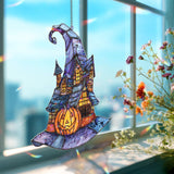Halloween Haunted House Acrylic Suncatcher, Stained Glass Style Witch Hat with Pumpkin, Spooky Window Hanging Holiday Décor