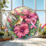 Hummingbird and Hibiscus Acrylic Suncatcher, Pink Ribbon Breast Cancer Awareness Window Panel, Floral Stained Glass Style Décor