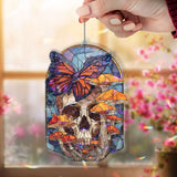 Skull and Butterfly Acrylic Suncatcher, Gothic Stained Glass Style Panel with Mushrooms, Dark Fantasy Window Hanging Home Décor