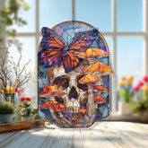 Skull and Butterfly Acrylic Suncatcher, Gothic Stained Glass Style Panel with Mushrooms, Dark Fantasy Window Hanging Home Décor