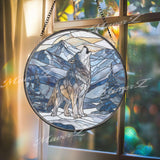 Howling Wolf Stained Glass Suncatcher, Round Mountain Scene Window Panel, Wilderness Animal Art Gift for Nature Lover Home Decor