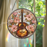 Guitar and Flowers Stained Glass Suncatcher, Round Music Window Panel, Floral Art Gift for Music Lover Home Decor