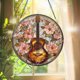 Guitar and Flowers Stained Glass Suncatcher, Round Music Window Panel, Floral Art Gift for Music Lover Home Decor