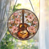 Guitar and Flowers Stained Glass Suncatcher, Round Music Window Panel, Floral Art Gift for Music Lover Home Decor