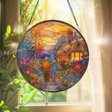 Elderly Couple Cottage Stained Glass Suncatcher, Round Sunset Garden Window Panel, Romantic Nature Art Gift for Home Decor