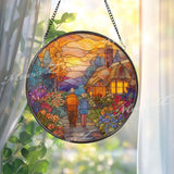 Elderly Couple Cottage Stained Glass Suncatcher, Round Sunset Garden Window Panel, Romantic Nature Art Gift for Home Decor