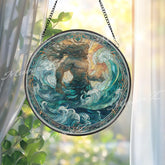 Poseidon Stained Glass Suncatcher, Round Ocean God Window Panel, Mythology Sea Wave Art Gift for Nautical Home Decor