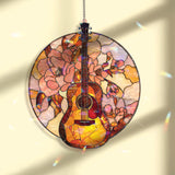 Guitar and Flowers Acrylic Suncatcher, Round Stained Glass Style Music Window Art, Floral Music Lover Gift for Home Decor