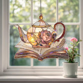 Teapot and Book Acrylic Suncatcher, Rose Floral Window Decor, Stained Glass Style Tea Lover Gift for Cozy Reading Home