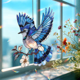 Blue Jay Acrylic Suncatcher, Flying Bird and Blossom Window Decor, Stained Glass Style Nature Art Gift for Bird Lover Home