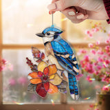 Blue Jay Acrylic Suncatcher, Colorful Bird and Flower Window Decor, Stained Glass Style Nature Art Gift for Bird Lover Home