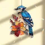 Blue Jay Acrylic Suncatcher, Colorful Bird and Flower Window Decor, Stained Glass Style Nature Art Gift for Bird Lover Home