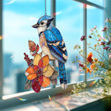 Blue Jay Acrylic Suncatcher, Colorful Bird and Flower Window Decor, Stained Glass Style Nature Art Gift for Bird Lover Home