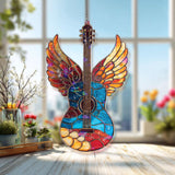 Winged Guitar Acrylic Suncatcher, Angel Music Window Decor, Stained Glass Style Guitar Art Gift for Musician Studio or Home Decoration