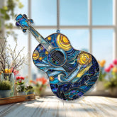 Starry Night Guitar Acrylic Suncatcher, Van Gogh Inspired Music Window Decor, Blue Yellow Stained Glass Style Art Gift for Music Lover