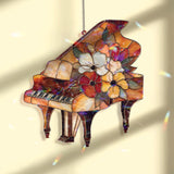 Grand Piano Acrylic Suncatcher, Floral Music Window Decor, Stained Glass Style Piano Art Gift for Music Lover Home Decoration