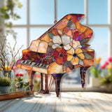 Grand Piano Acrylic Suncatcher, Floral Music Window Decor, Stained Glass Style Piano Art Gift for Music Lover Home Decoration