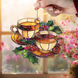 Holiday Tea Cup Acrylic Suncatcher, Festive Holly & Berries Window Decor, Cozy Christmas Coffee Cup Stained Glass Style Gift