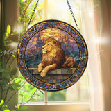 Majestic Lion Stained Glass Suncatcher, Round Castle Window Panel, Courage Strength Glass Art Home Decor Gift
