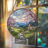 Cottage Landscape Stained Glass Suncatcher, Round Spring Blossom Window Panel, Mountain Sunset Glass Art Home Decor Gift