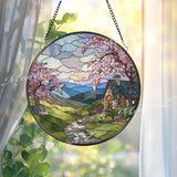 Cottage Landscape Stained Glass Suncatcher, Round Spring Blossom Window Panel, Mountain Sunset Glass Art Home Decor Gift
