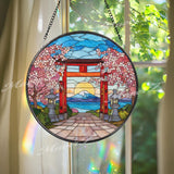 Japanese Torii Gate Stained Glass Suncatcher, Round Mount Fuji Window Panel, Cherry Blossom Sunset Glass Art Home Decor Gift