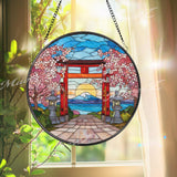 Japanese Torii Gate Stained Glass Suncatcher, Round Mount Fuji Window Panel, Cherry Blossom Sunset Glass Art Home Decor Gift