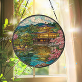 Japanese Temple Stained Glass Suncatcher, Round Kinkakuji Window Panel, Cherry Blossom Pond Glass Art Home Decor Gift