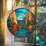 Sailboat Lake Stained Glass Suncatcher, Round Mountain Sunset Window Panel, Nature Landscape Glass Art Home Decor Gift