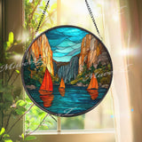 Sailboat Lake Stained Glass Suncatcher, Round Mountain Sunset Window Panel, Nature Landscape Glass Art Home Decor Gift