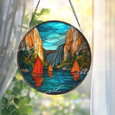 Sailboat Lake Stained Glass Suncatcher, Round Mountain Sunset Window Panel, Nature Landscape Glass Art Home Decor Gift