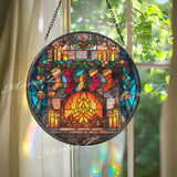 Christmas Fireplace Stained Glass Suncatcher, Round Holiday Stockings Window Panel, Cozy Winter Glass Art Home Decor Gift
