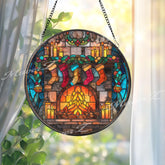 Christmas Fireplace Stained Glass Suncatcher, Round Holiday Stockings Window Panel, Cozy Winter Glass Art Home Decor Gift