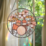 Drum Set Stained Glass Suncatcher, Round Musician Window Panel, Floral Band Instrument Glass Art Home Studio Decor Gift